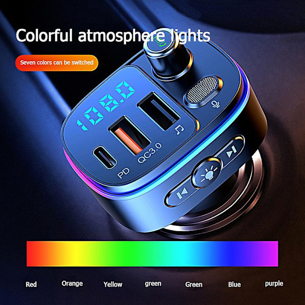 Universaali 7-värinen LED-auton Bluetooth 5.0 FM-lähetin Auton MP3-soitin Kaksi USB-autonlaturi
