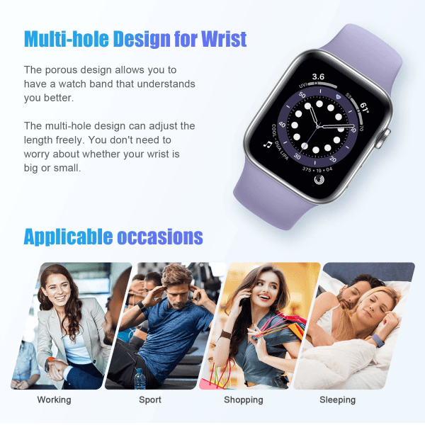 Sportsbånd kompatibelt med Apple Watch iWatch-bånd 42mm 44mmM/L for kvinner, menn, myke silikonremsarmbånd, lavendelgrå
