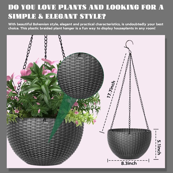 1 stk. hængende blomsterpotte i plast, hængende kurve, hængende plantepotter med kæde, drænhul til indendørs og udendørs planter, blomster, grå