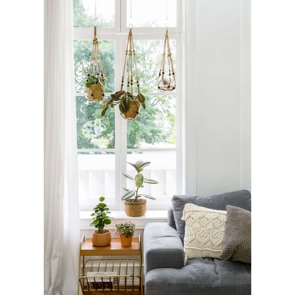 Macrame hängande korg Boho dekorativ bomullsrep blomkrukahållare hängande korg växter för inomhus utomhus tak balkonger dekoration, 89cm