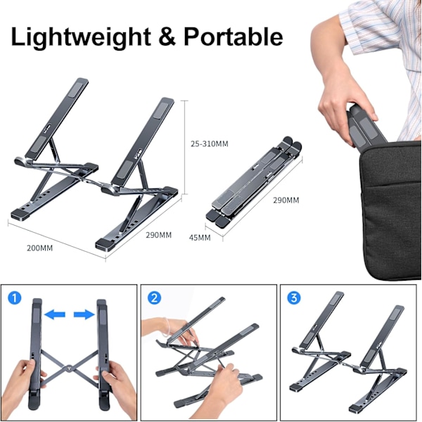 Laptopstativ för skrivbord, 9x7 nivåer justerbar, lätt och bärbar för resor (Silver)