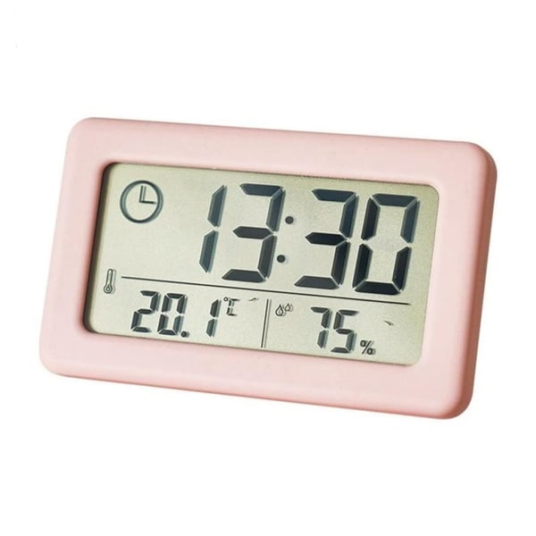 Digitalt alarmtermometer LED innendørs elektronisk fuktighetsmonitorklokke Hjemmebordsklokke (farge: rosa, størrelse: 9,6 * 5,8 * 1 cm)