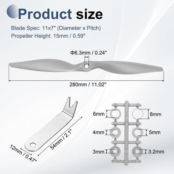 MECCANIXITY 11x7 tommer RC-propeller, 2-blads propellererstatning grå høyhastighetspropeller med adapterringer og propellnøkkel for RC-fly 2 11" x 7" 2
