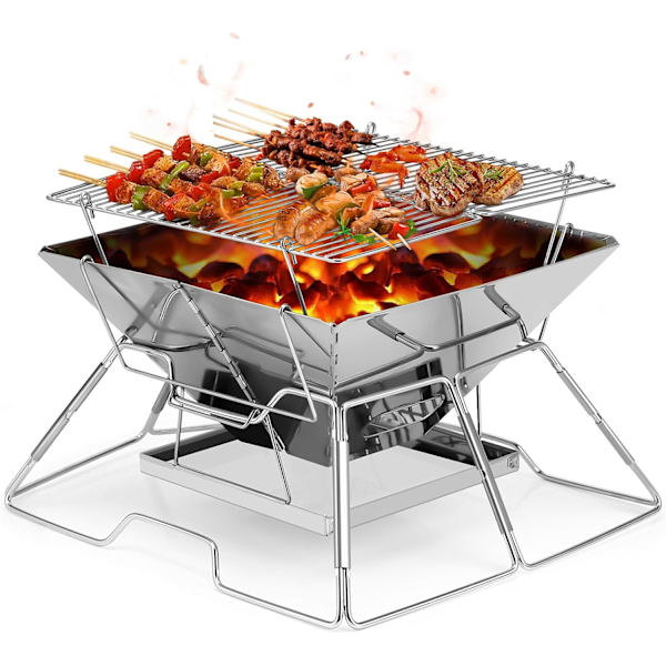 Bärbar kolgrill för camping, liten hopfällbar eldstad i rostfritt stål för lägereld, utomhus