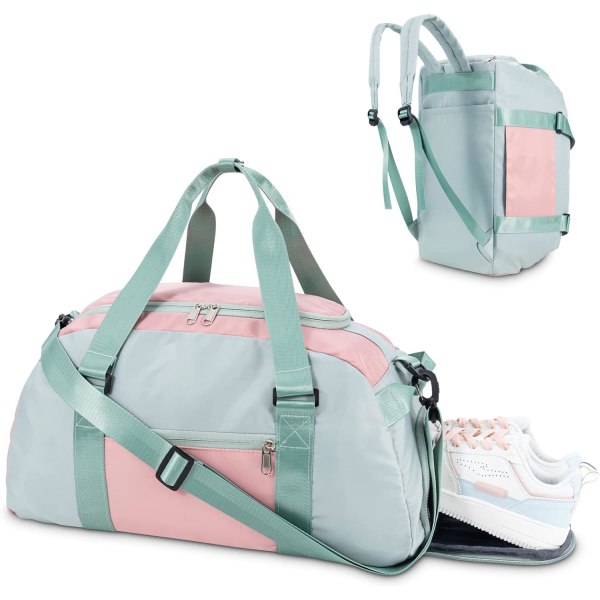 Sport Gym Bag för män och kvinnor, resväska med skofack och våt ficka, bärbar lätt weekendväska, grön och rosa pink green