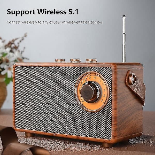 Retro FM-radio, bärbar trådlös Bluetooth-radio i trä, bashögtalare, handsfree MP3-spelare, stöder USB/TF-kort {KDO}