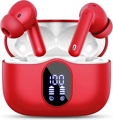 Trådløse hovedtelefoner Bluetooth 5.4 med LED-display, støjreducerende mikrofon, HiFi Stereo In-Ear hovedtelefoner, IP7 vandtæt til iPhone Android Red