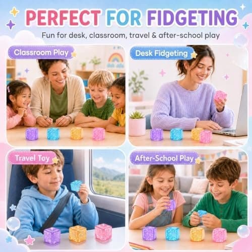 4-pakning glitter stresskube squishy leker, myke klemmeleker for stress og fidget