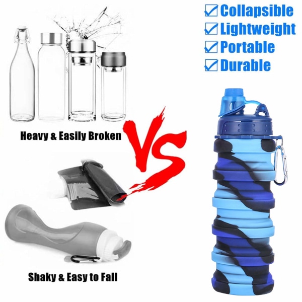 2 stk silikone sammenklappelig vandflaske Genanvendelige bærbare sammenfoldelige vandflasker BPA-fri sikker og sund lækagesikker til sportsvandring og camping