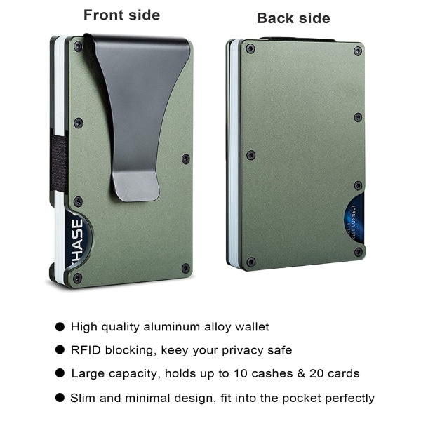 Minimalistisk metalllommebok med pengeklemme - Slank aluminiumskredittkortholder RFID-blokkerende lommebøker foran for menn og kvinner (Army Green)