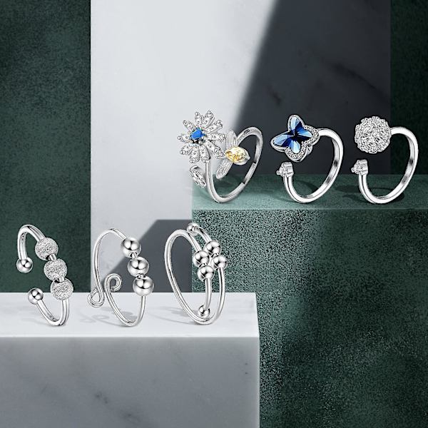 6 stk Fidget Angst Ringe Justerbare Ringe Sæt Justerbare Ringe Fidget Ringe Kvinders Perle Bånd