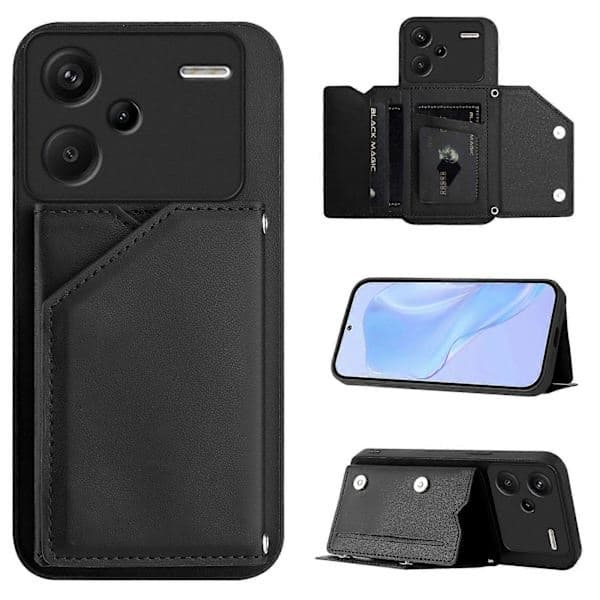 Etui med kortholder og stativ til Xiaomi Redmi Note 13 Pro+(Plus) 5G, hudvenligt telefonetui med håndledsrem (sort)