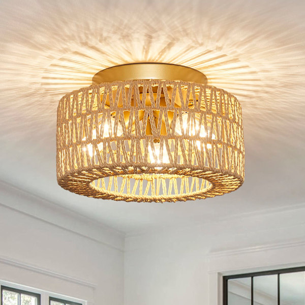 Rattan Takmonterade Lampor, 3 Ljus Boho Takmonterade Taklampa, Handvävd Bur Lampa Belysning, Rustik Rattan Kandelaber  (Guld)