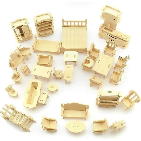 3D Miniatyr Møbelsett Tre Dukkehus Møbler Puslespill DIY Hus Rom Mini Puslespill Gave til Barn
