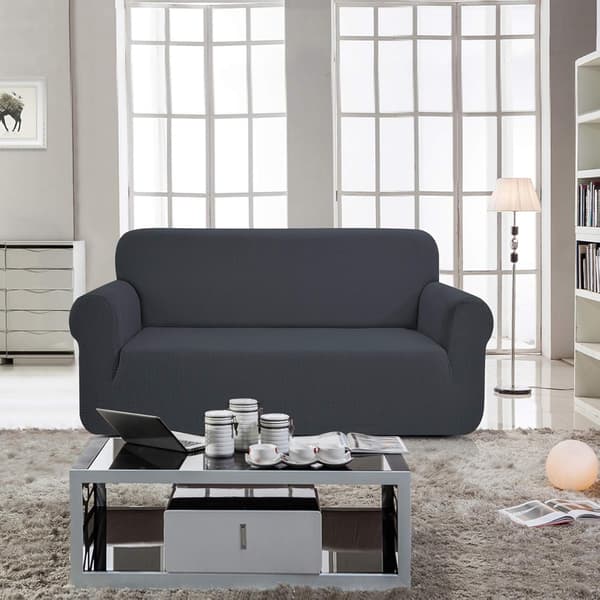 Högelastiskt sofföverdrag i ett stycke (3-sits) – Maskintvättbart, inga skumankringsremsor ingår (Grå; passar storlekar: 185–230 cm) dark gray