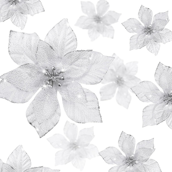 24 stycken julglitter-julstjärnor Bröllop Konstgjorda blommor Juldekorationer Ornament för julgran Nyår (10 cm) silver