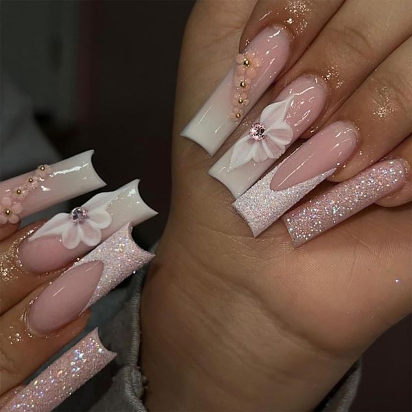 24 st långa kistformade falska naglar fransk spets klistra på naglar glitter rosa tryck på naglar blommönster lim-på naglar avtagbar full täckning akryl