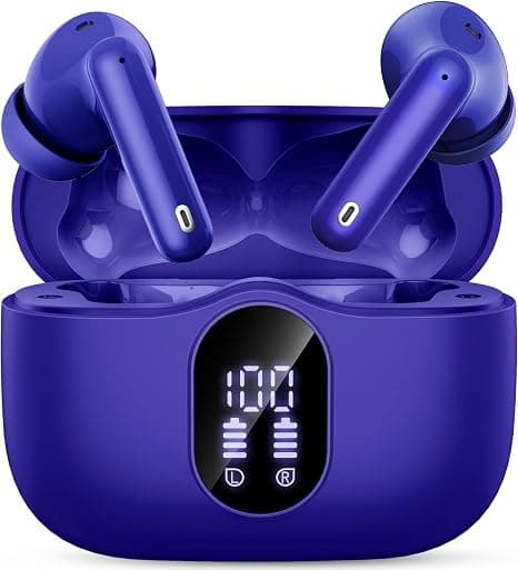Trådløse hovedtelefoner Bluetooth 5.4 med LED-display, støjreducerende mikrofon, HiFi Stereo In-Ear hovedtelefoner, IP7 vandtæt til iPhone Android Dark blue