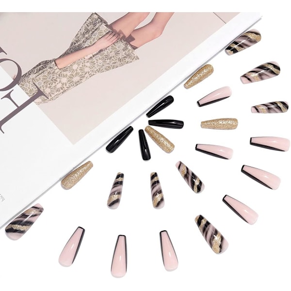 Kiste Falske Negle Lange Falske Negle Guld Sequin Tryk på Negle Fransk Pink Stick på Negle Ballerina Akryl 24stk til Kvinder og Piger black