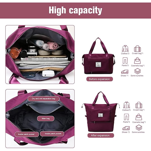 Stor hopfällbar resväska, lätt och vattentät handbagageväska med fast rem, torr och våt separation hopfällbar resa navy purple