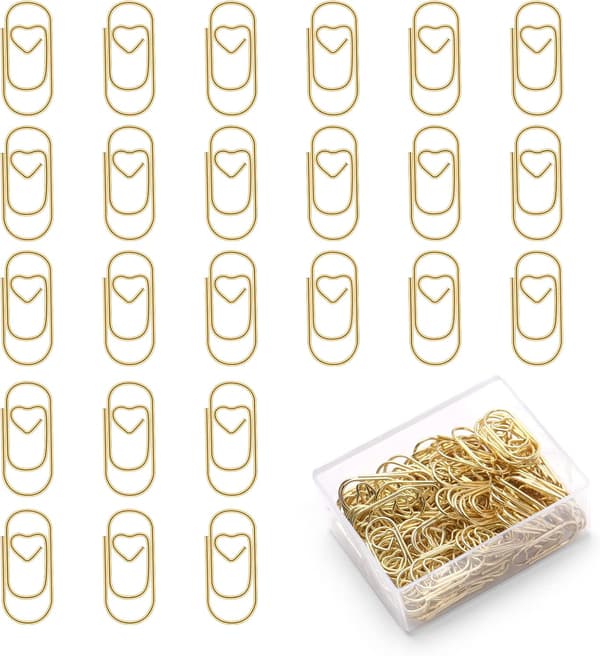 Små binders, 130 stk hjerteformede binders metall binders bokmerke klips lite bokmerke, imitert gull gold