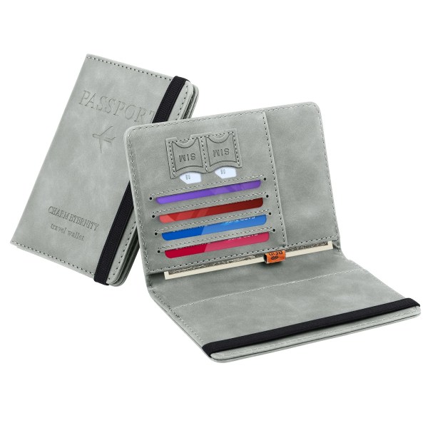 Pascover, pascover i imiteret læder med RFID-blokering, beskyttelsescover, vaccinationskort, beskyttende covertaske, grå