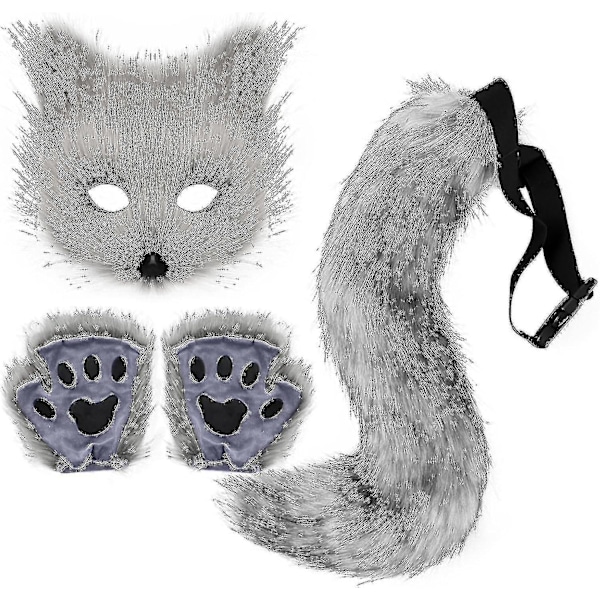 Konstgjord Pälsräv Svans Katt Varulv Cosplay Kostym Set Plysch Mask Fluffiga Tassar Handskar Halloween Jul gray