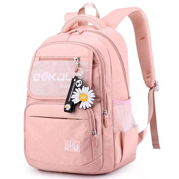 Skolryggsäck tjejryggsäck med daisyhänge för skolan, rosa