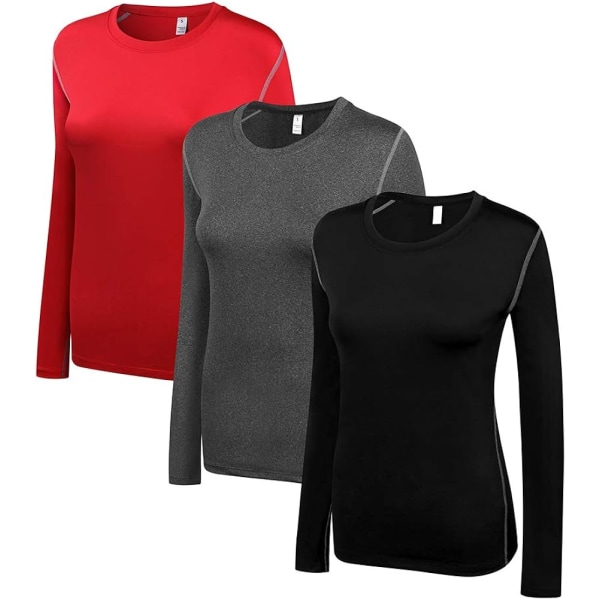 Kompressionströja för damer med torr passform och långärmad löpning atletisk T-shirt träningströjor, liten 3-pack (svart+grå+röd)
