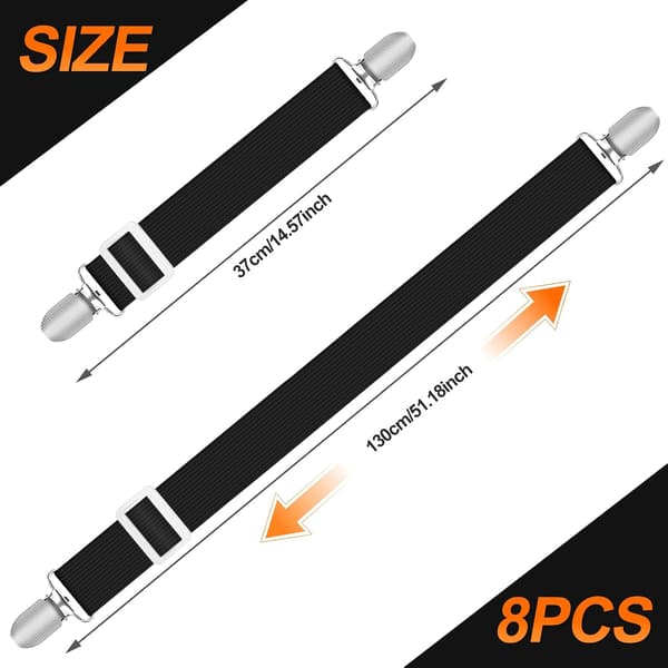 8 st lakanhållare, (30cm - 130cm) justerbara lakanfästen, elastiska lakanremmar med klämmor black