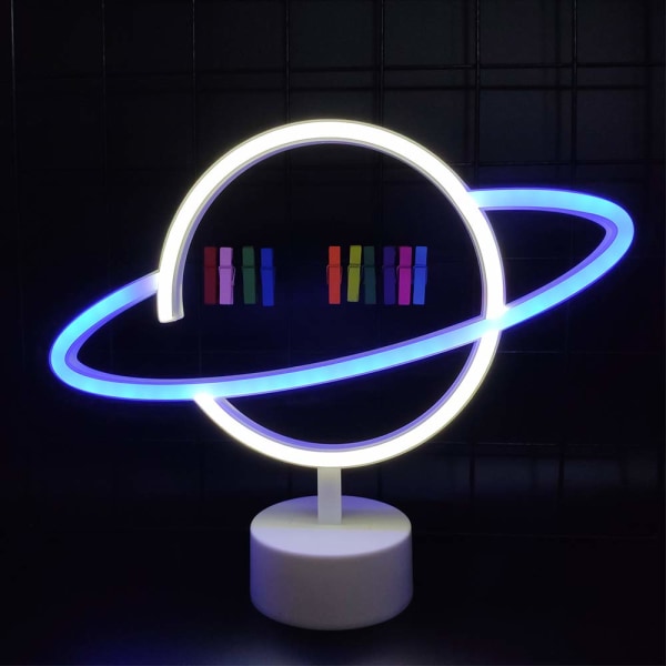 Planet Neon-skilt LED-neonlysskilt med holdersokkel Planet-dekorative lamper Neon-nattlampe Planet-dekorlys (hvit og blå)