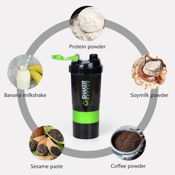 Protein shaker flaske 16oz shaker flaske til proteinshakes, protein shaker med opbevaring og mix kugle, 3 lag lækagesikker protein flaske green