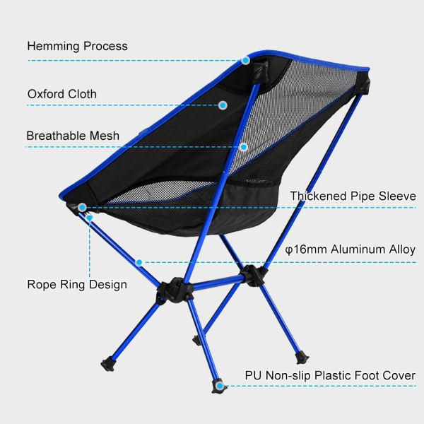 Sammenklappelig Campingstol Ultra Letvægt, Bærbar Rygsækstol, Heavy Duty 135kg Kapacitet, Udendørs Stole med Bæretaske til Camping, Have blue