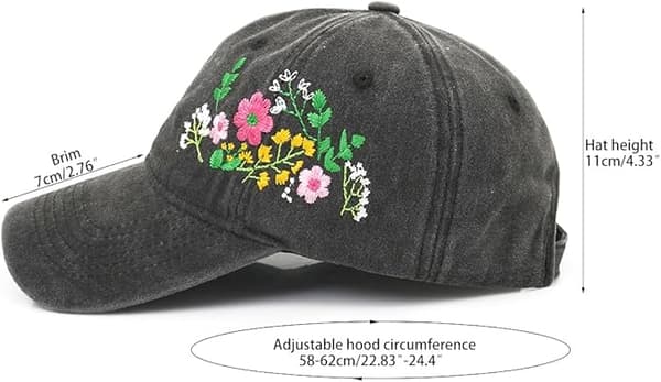 1 stk. baseballkasket til kvinder, blomsterbroderet vasket bomuldshat, sort black