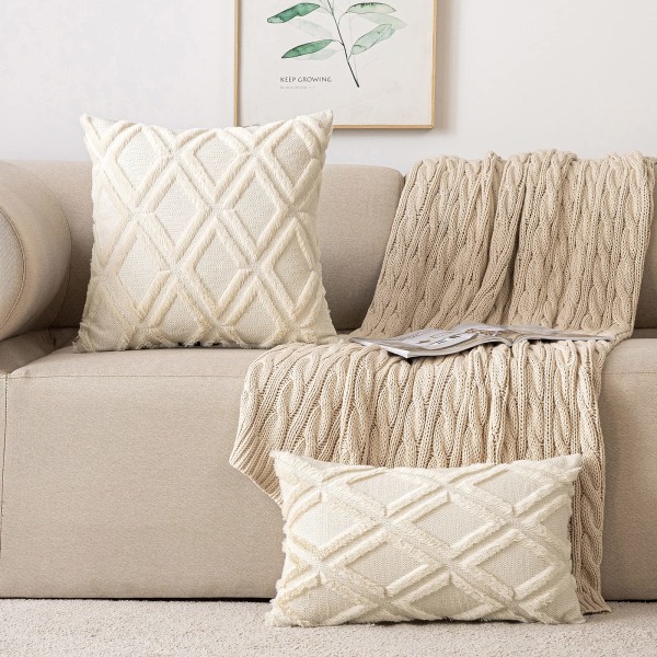 Set med 2 putetrekk, dekorative puter, ullputetrekk, fløyelpelsputer, boho dekorative puter, 45 x 45 cm, beige