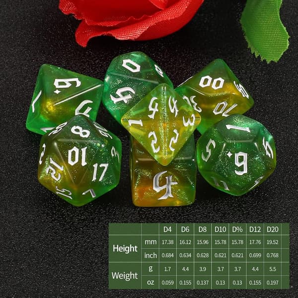 Spilterningssæt, 7 stk. polyhedralsæt til Dungeons and Dragons RPG MTG rollespil bordspil (gul+grøn) yellow+green