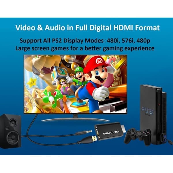 HDMI-adapter til PlayStation 2 / PS2, HDMI-kompatibelt adapterkabel HD RCA AV Audio Video