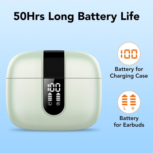 Trådløse øretelefoner, 50 timers spilletid Bluetooth-hovedtelefoner, Bluetooth-hovedtelefoner 5.3, i øret med 4 ENC-opkald Støjreducerende mikrofoner, Bass Boost 85% GREEN