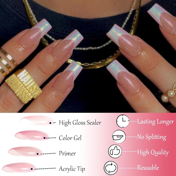 24 stk. franske tip falske negle lange - nude aurora shimmer tryk på negle - firkantede falske negle med lim - stick on negle - fuld dækning akryl kiste