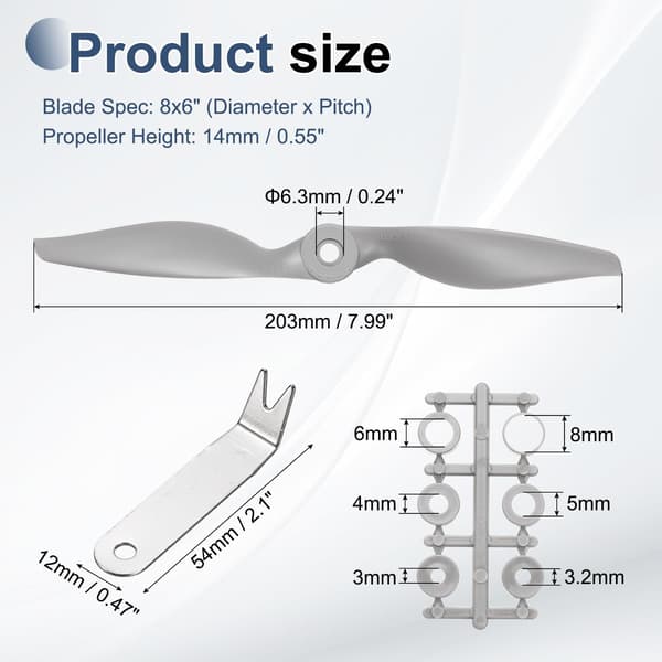 MECCANIXITY 8x6 tommer RC Propeller, 2-bladet Propeller Erstatning Grå Høyhastighets Propeller med Adapterringer og Propellnøkkel for RC Fly 2 8" x 6" 2