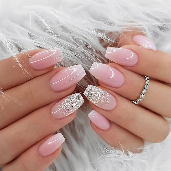 24ps Trykte Negle Medium Længde Pink Gradient Kvadratiske Negle Med Glitter Falske Negle Design Fuld Dækning Stick On Negle