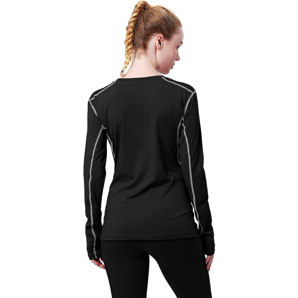 Dame kompressionstrøje Dry Fit Langærmet Running Athletic T-Shirt Workout Overdele，Stor 2 pakke (sort/blå)