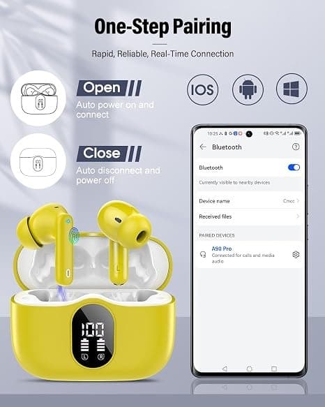 Trådløse hovedtelefoner Bluetooth 5.4 med LED-display, støjreducerende mikrofon, HiFi Stereo In-Ear hovedtelefoner, IP7 vandtæt til iPhone Android Yellow