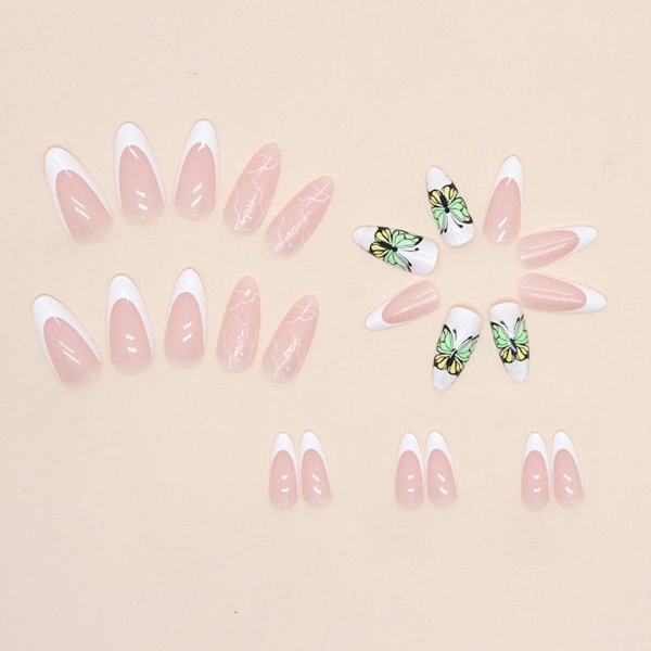 24 st Butterfly Almond Korta Falska Naglar, Vita Franska Press on Nails Mönster, Randiga Falska Naglar Korta, Oval Medium Stick on Nails för Kvinnor