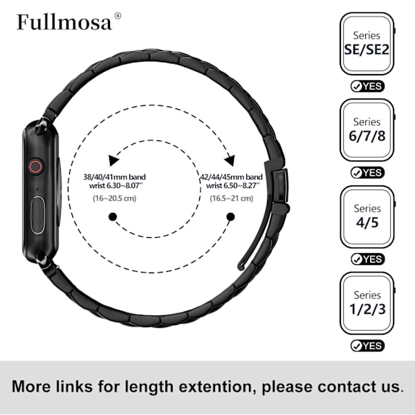 Metal Rustfrit Stålarmbånd til iWatch/Apple Watch Series 8/7 SE/6/5/4/3/2/1 Series Ultra, 38mm/40mm/41mm Sort