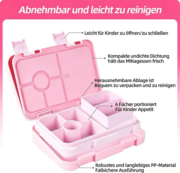 1 stk Bento matboks for barn, med 6 rom for barn, (rosa, 5,5*7,9*1,8 tommer) pink