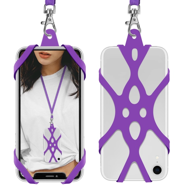 2 in 1 Cell Phone Lanyard Strap Case Holder with Detachable Neckstrap Universal 4.7-6.5 inch (Purple)