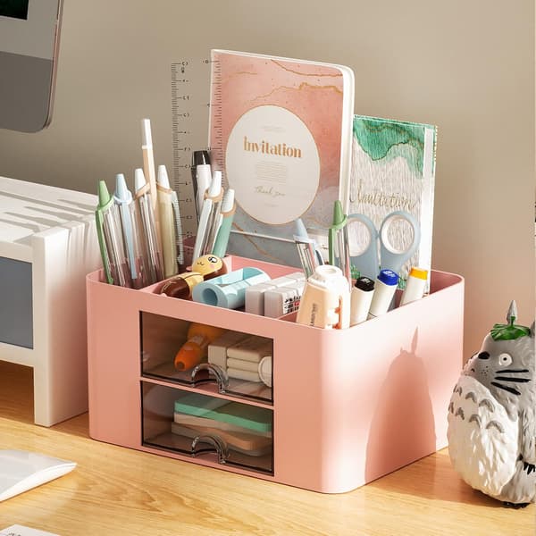 1 stk skrivebordsorganisering med skuffer, multifunksjonell pennholder med 7 rom (rosa) pink