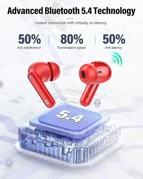 Trådløse hovedtelefoner Bluetooth 5.4 med LED-display, støjreducerende mikrofon, HiFi Stereo In-Ear hovedtelefoner, IP7 vandtæt til iPhone Android Red