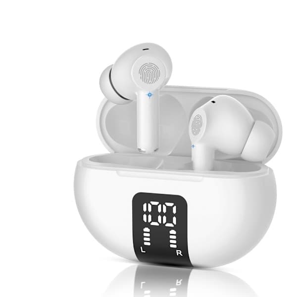Bluetooth 5.3 trådløse hodetelefoner - HiFi stereolyd, vanntette in-ear hodetelefoner med mikrofon for iPhone/Samsung/Android, hvit
